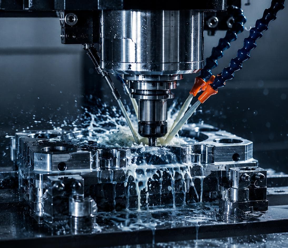 CNC-Bearbeitungszentrum fräst ein Werkstück mit Kühlmittel