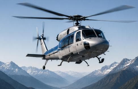 Hubschrauber über einer Berglandschaft