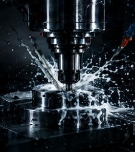 CNC-Spindel bearbeitet ein Bauteil mit Kühlmittel